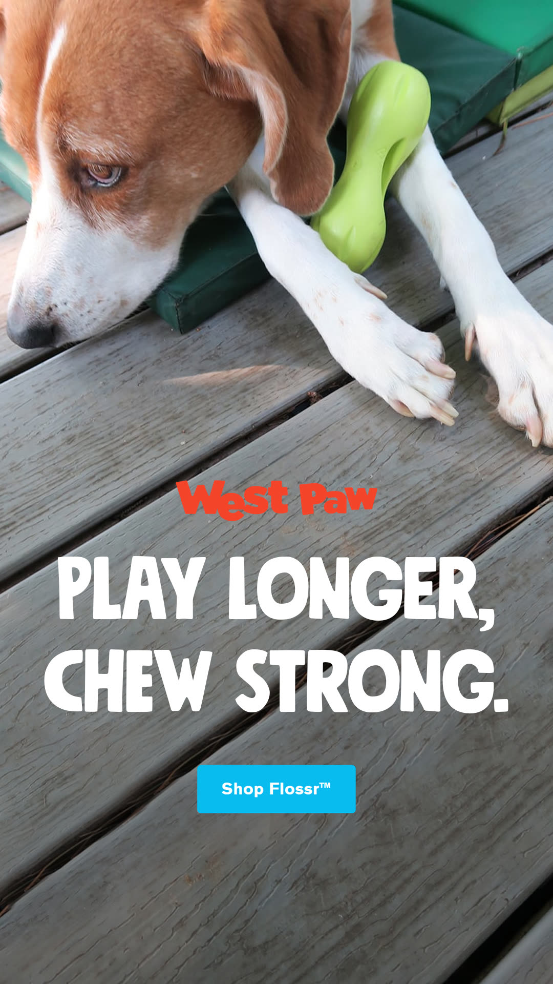 West Paw static ad pairing durable chew toy product footage with a play-longer durability claim